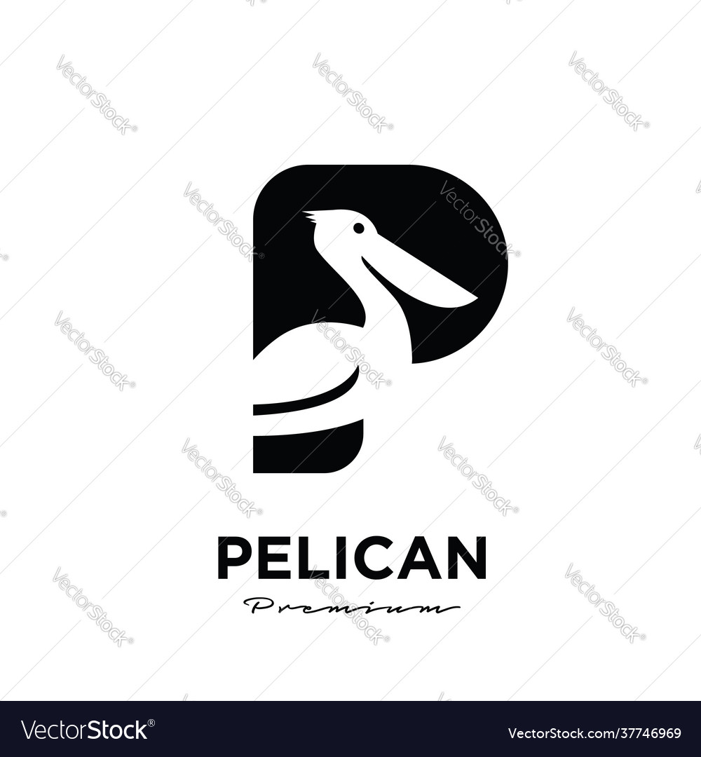 Premium black pelican with initial letter p logo vector image Premium black pelican with initial letter p logo
