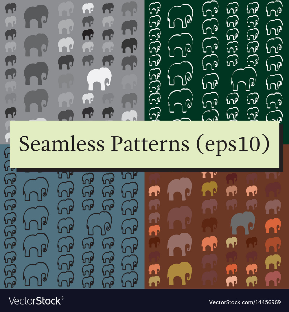 Seamless patterns set with colorful elephants