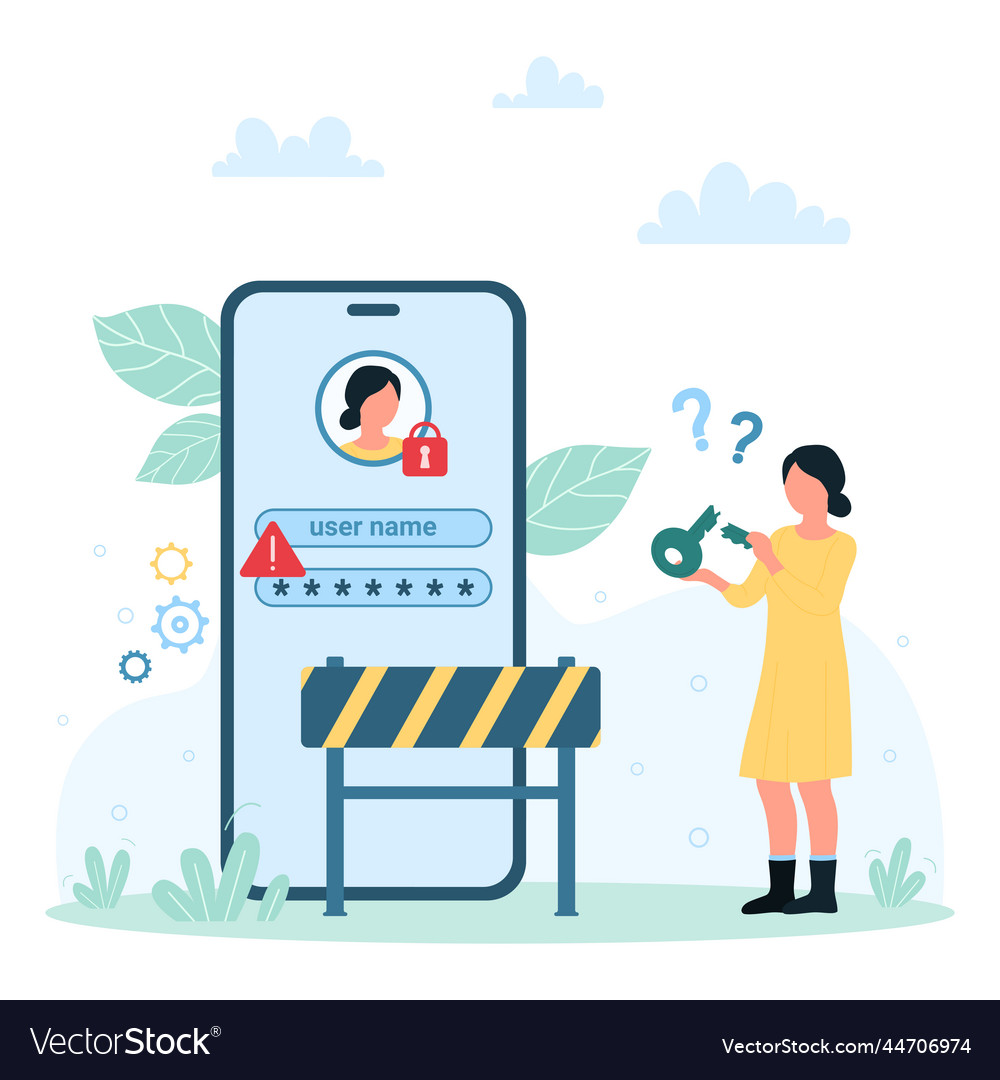 Blocked account in mobile app tiny user holding vector image Blocked account in mobile app tiny user holding