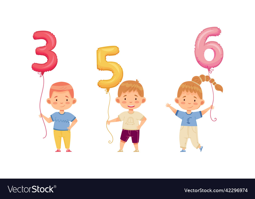 Cute kids holding 356 number shaped balloons set