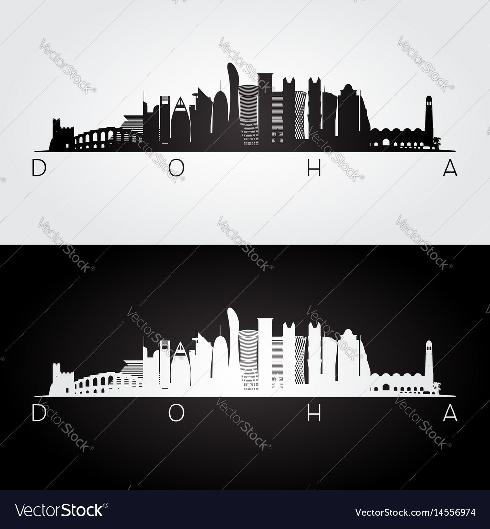 Doha skyline and landmarks silhouette