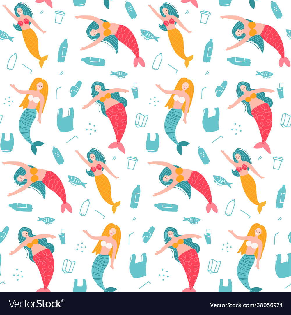 Seamless pattern with mermaid characters vector image Seamless pattern with mermaid characters