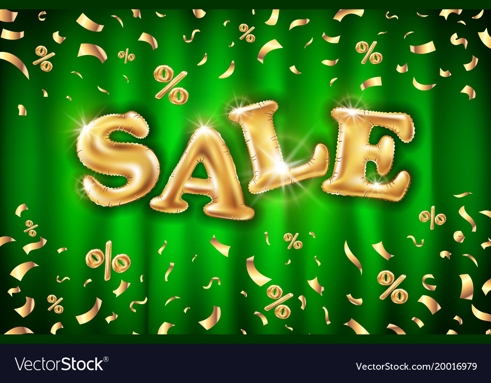 Gold sale balloons background on green curtain