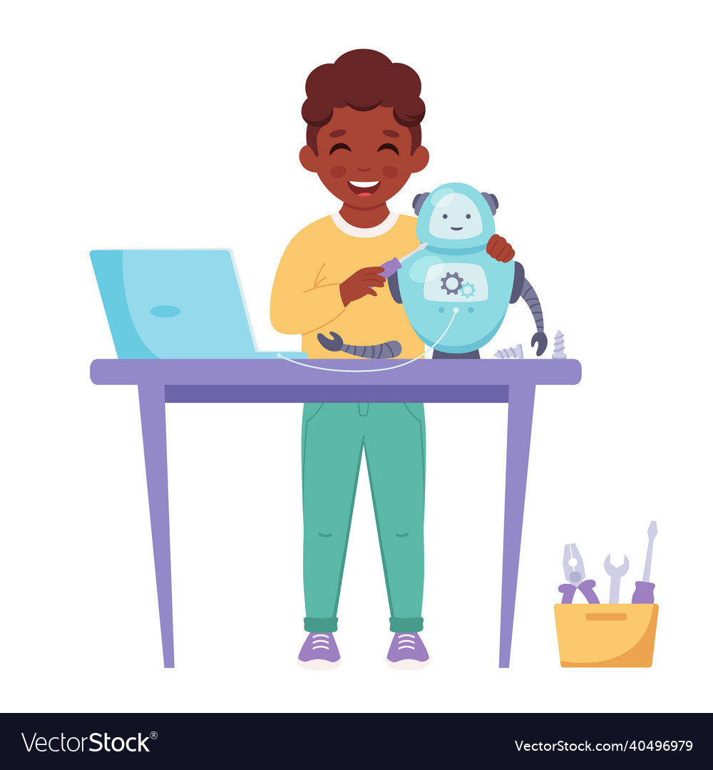 Little black boy creating a robot robotics vector image Little black boy creating a robot robotics