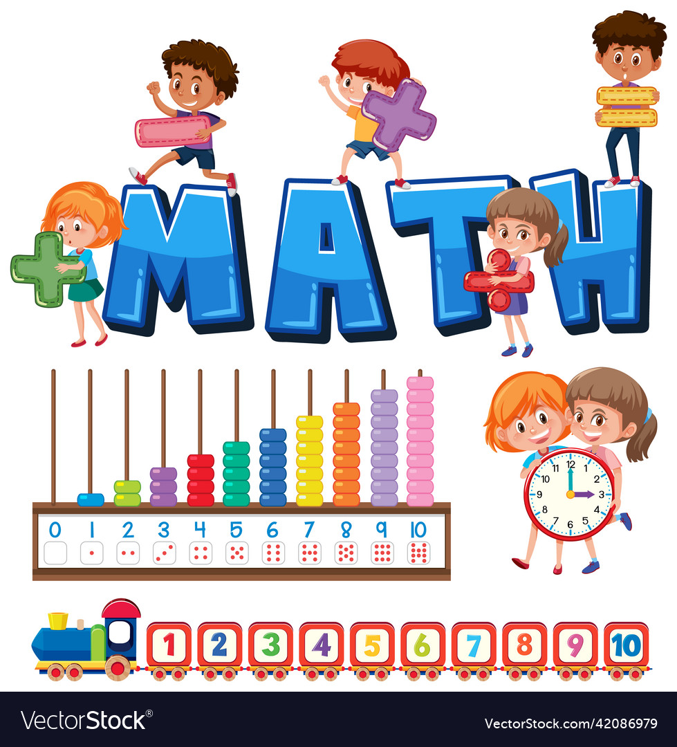 Math classroom objects with supplies and students vector image Math classroom objects with supplies and students