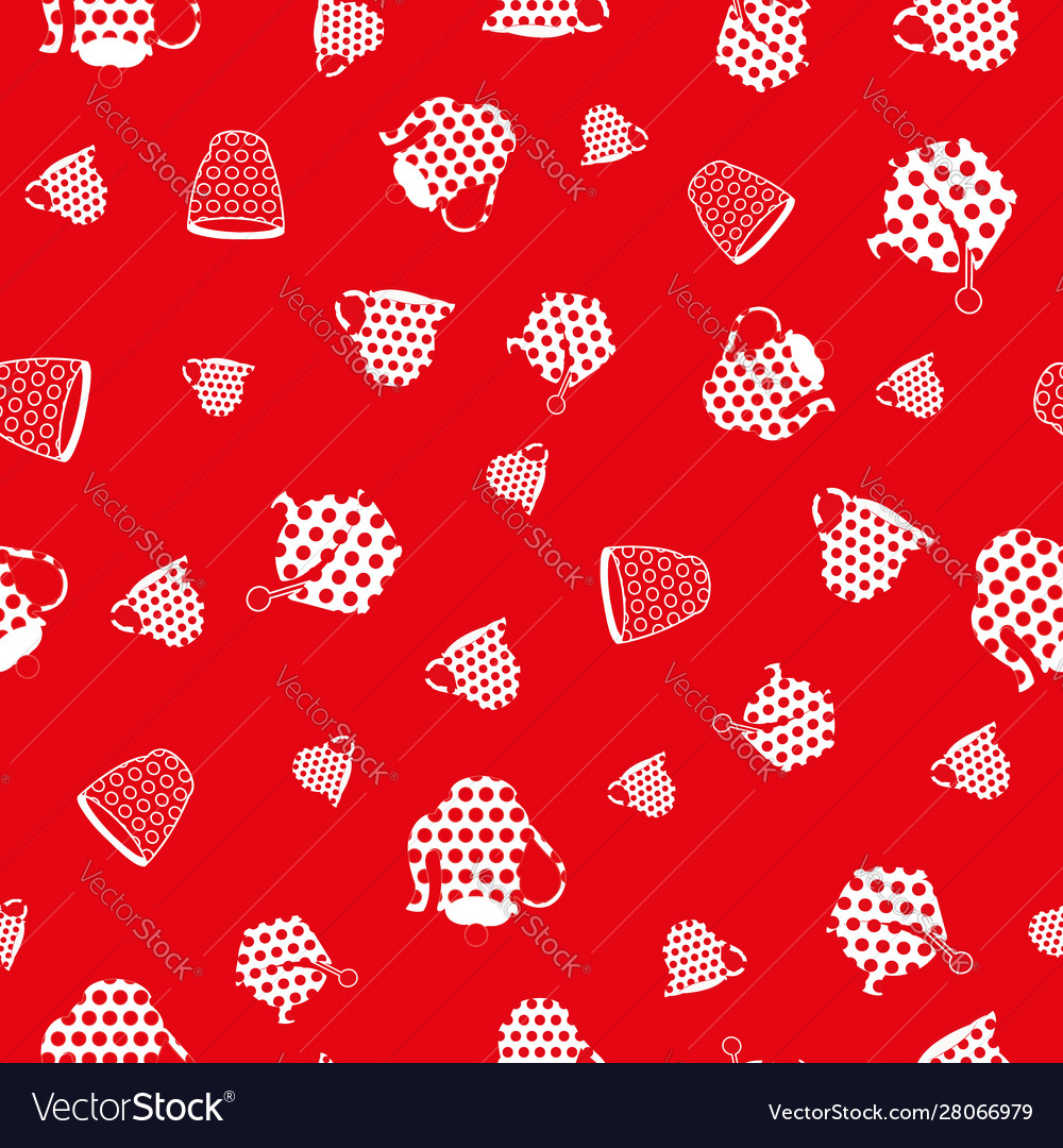 Red and white dots tea set seamless repeat pattern