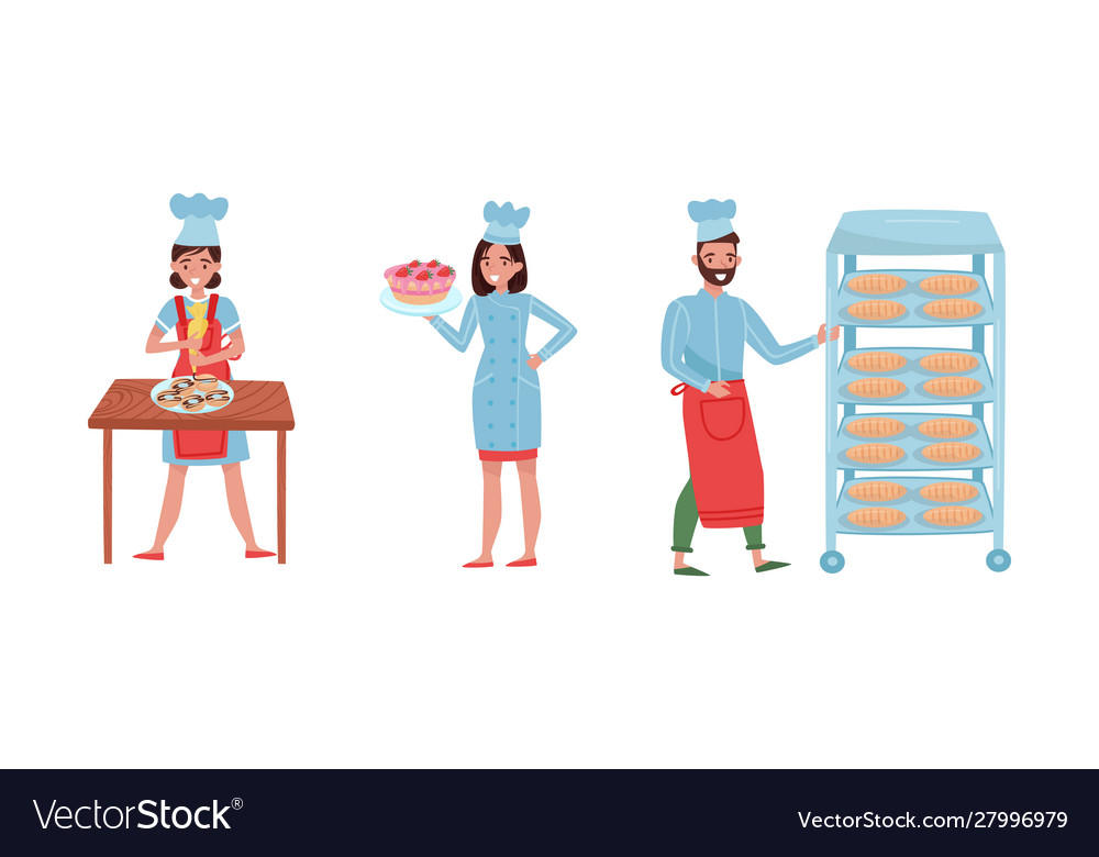 Smiling baker characters baking bread and making