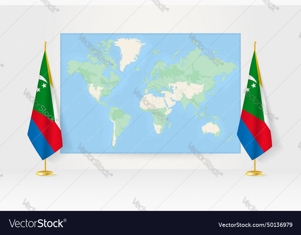 World map between two hanging flags of comoros