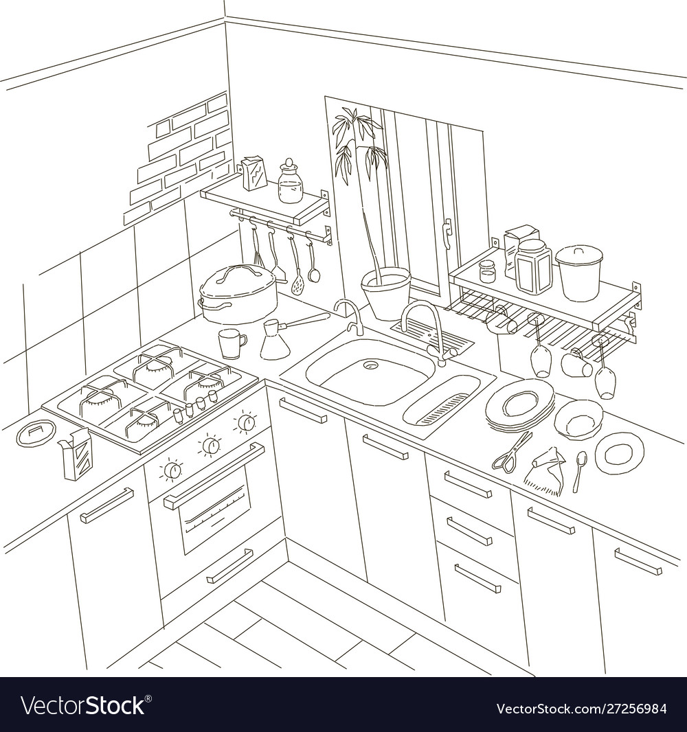 Kitchen anime background style line drawing art Vector Image