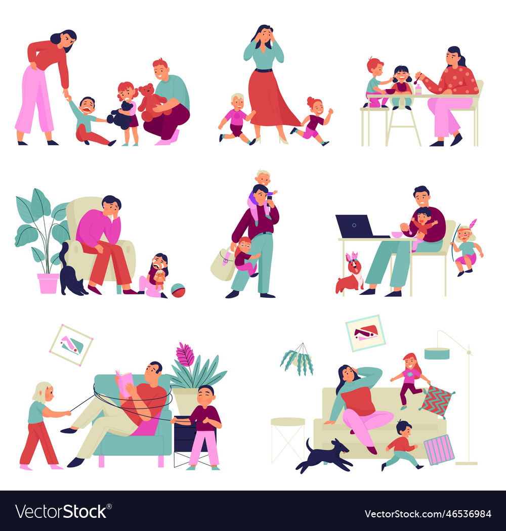 Stressed parenting set Royalty Free Vector Image