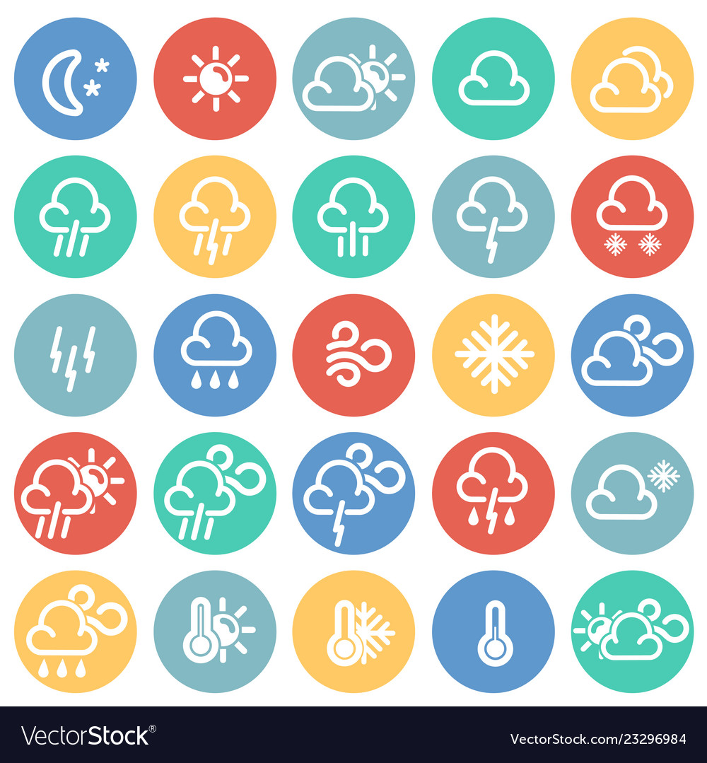Weather forecast icons set on color circles vector image Weather forecast icons set on color circles