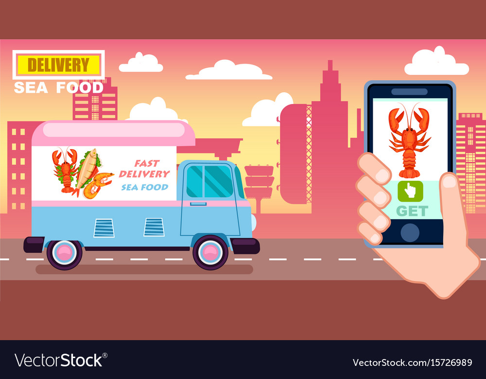 Sea Food Delivery Poster With Commercial Van Vector Image