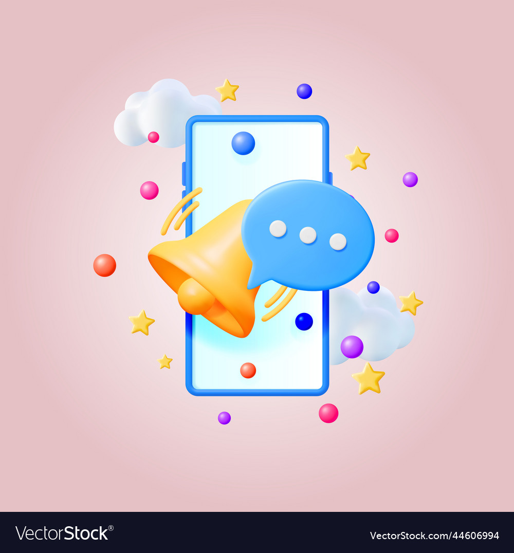 3d notification popup with bell in smartphone vector image 3d notification popup with bell in smartphone