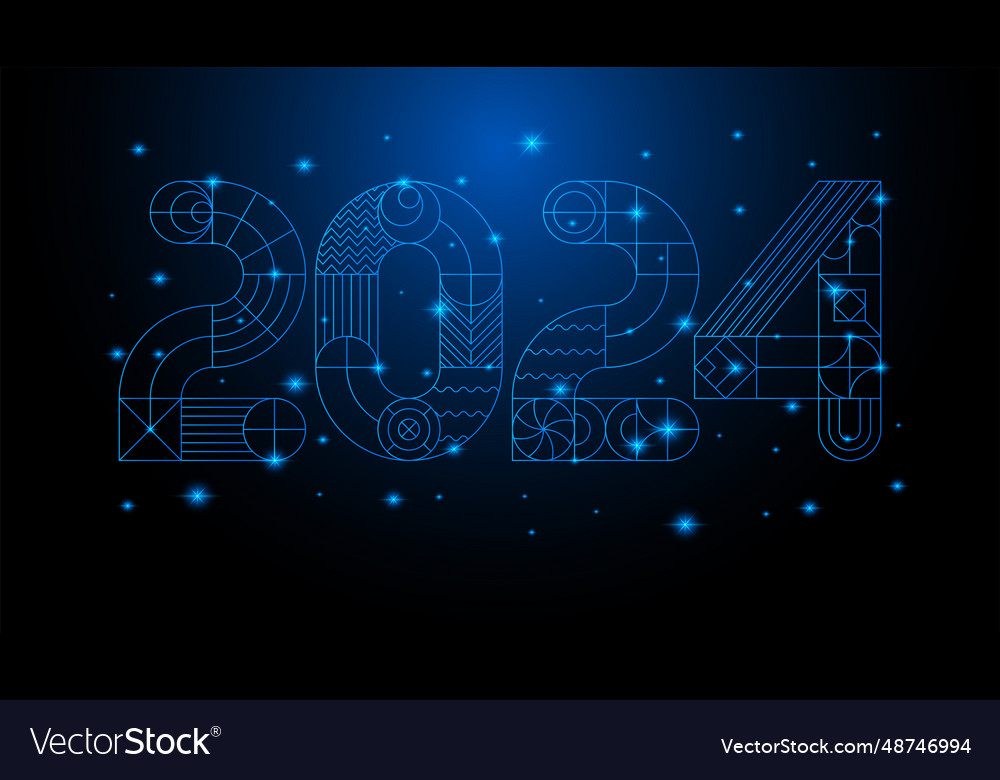 Blue neon light 2024 modern geometric new year vector image Blue neon light 2024 modern geometric new year