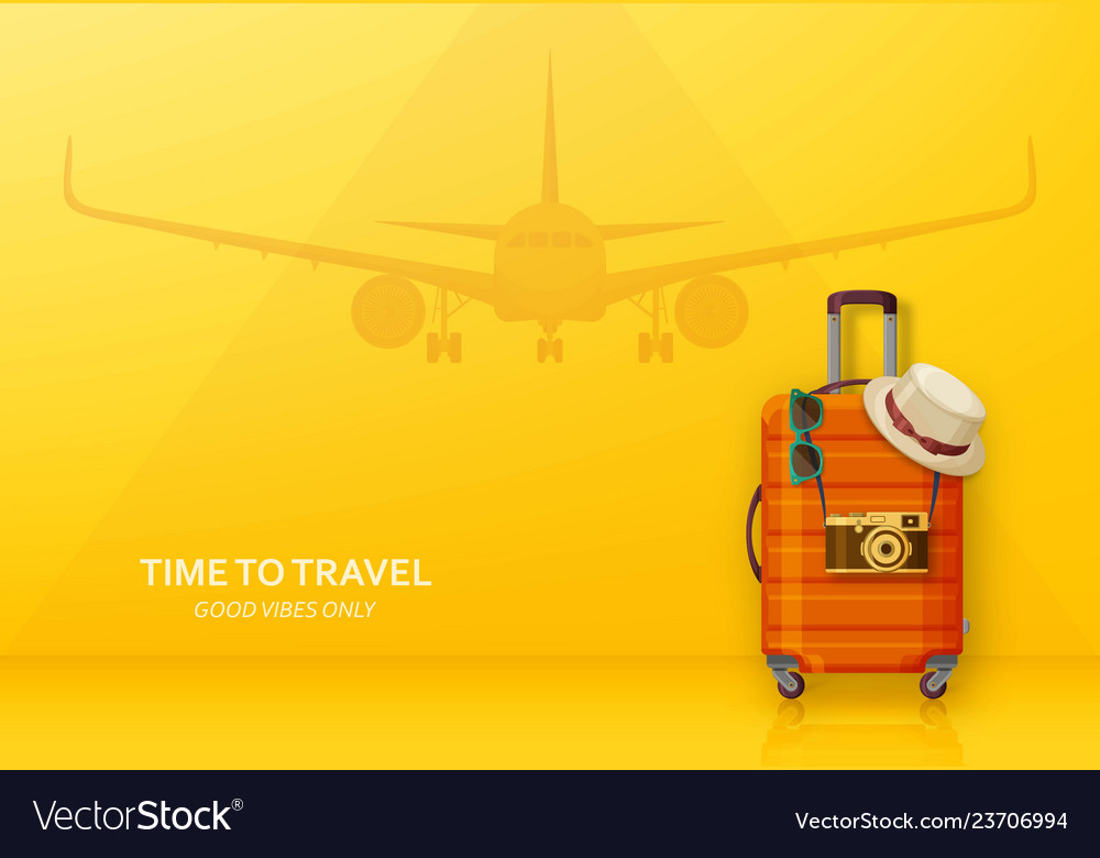 Travel concept with suitcase sunglasses hat