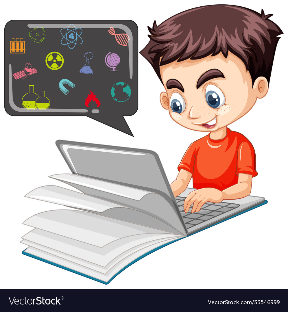 Boy searching on laptop with education icon Vector Image