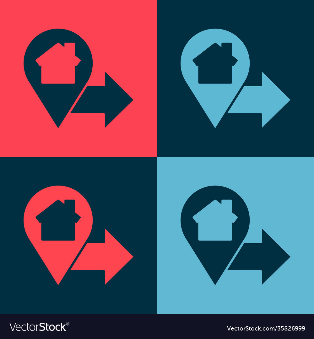 Pop art map pointer with house icon isolated