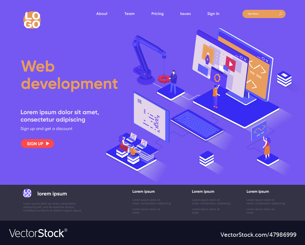 Web development isometric landing page full stack vector image Web development isometric landing page full stack