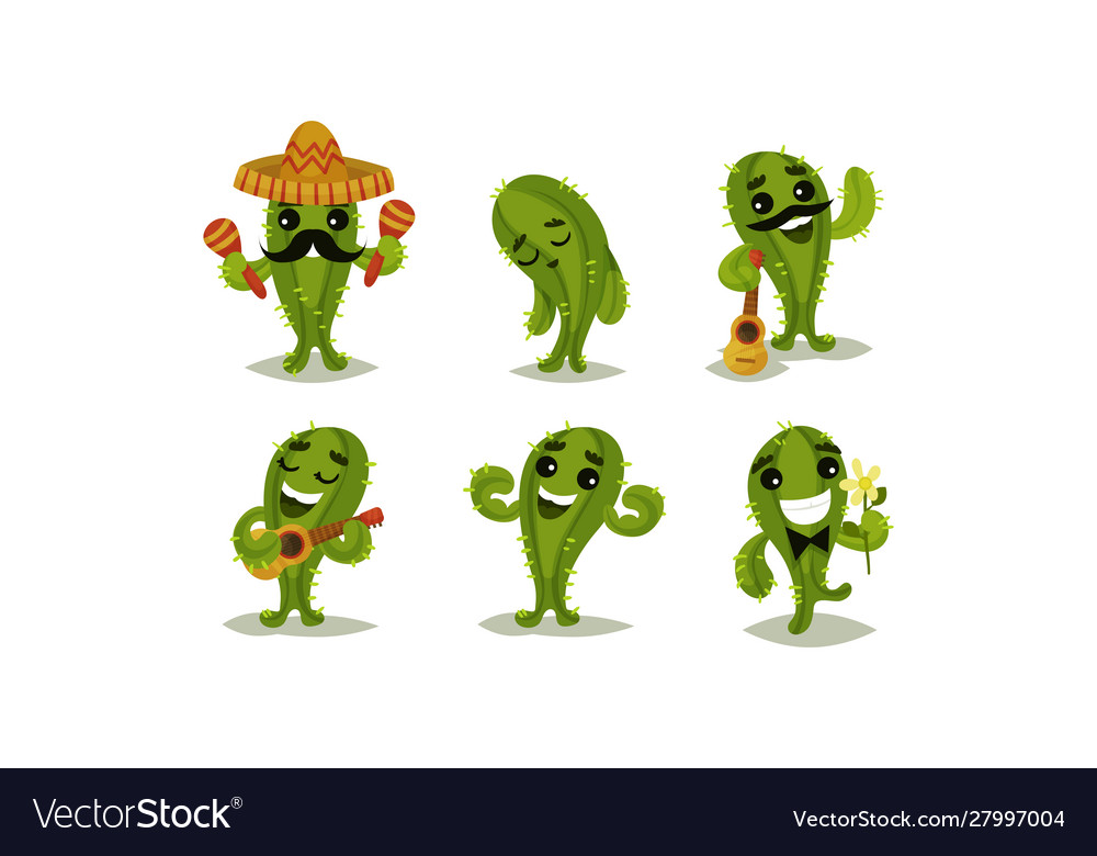 Cartoon funny cactus character set cacti Vector Image