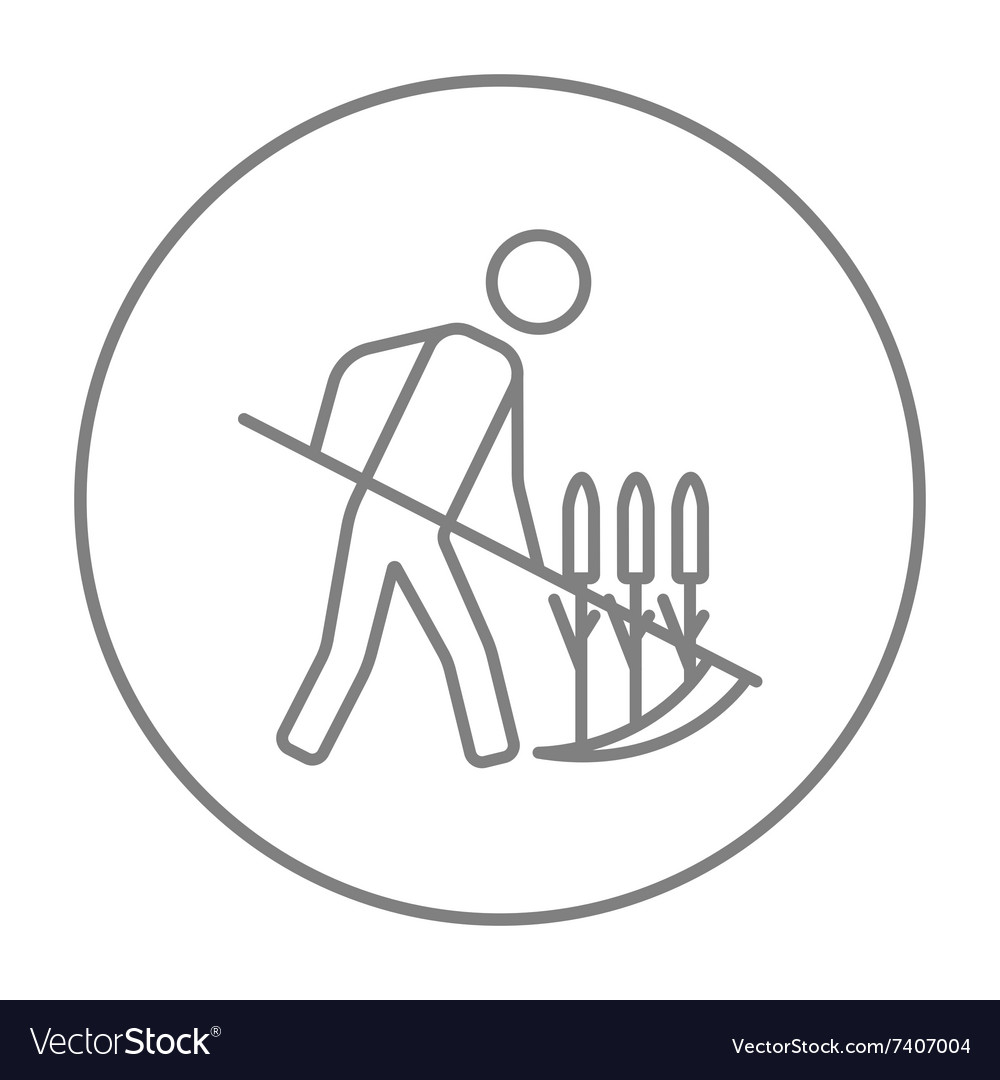 Man mowing grass with scythe line icon