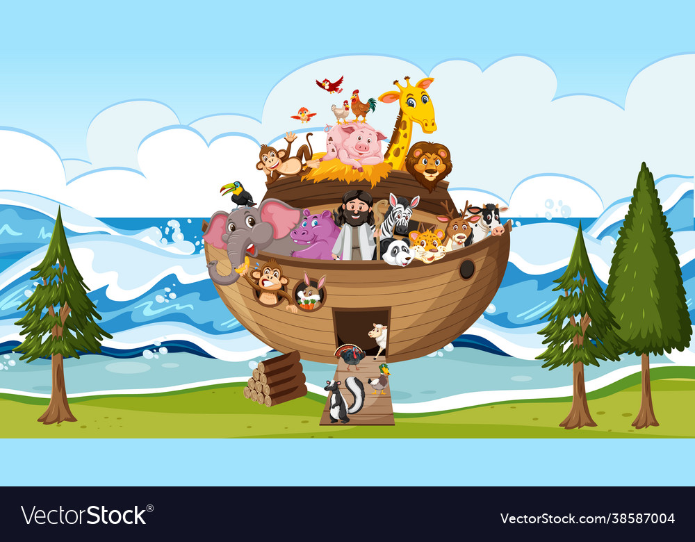 Noahs ark with animals in ocean scene