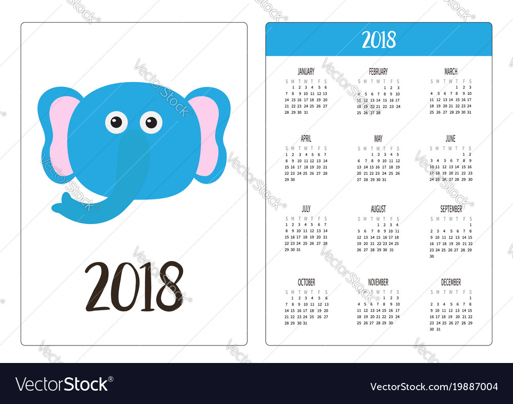 Pocket calendar 2018 year week starts sunday