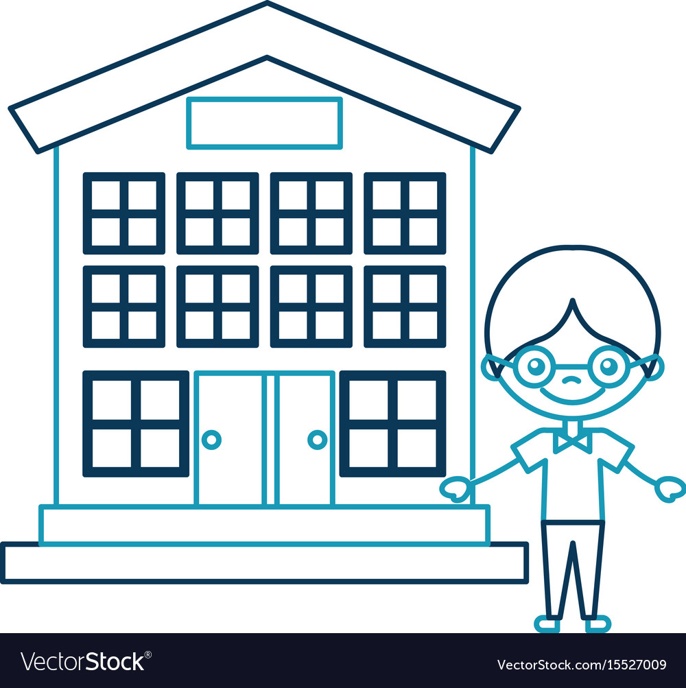 Cute boy with school building character icon Vector Image