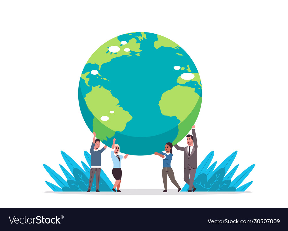 Mix race businesspeople holding earth globe go Vector Image