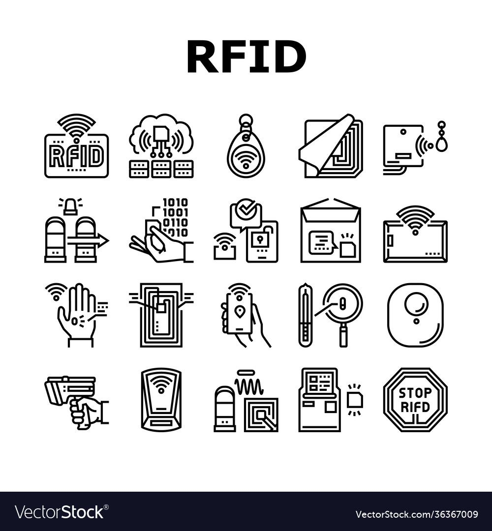 Rfid chip technology collection icons set vector image Rfid chip technology collection icons set