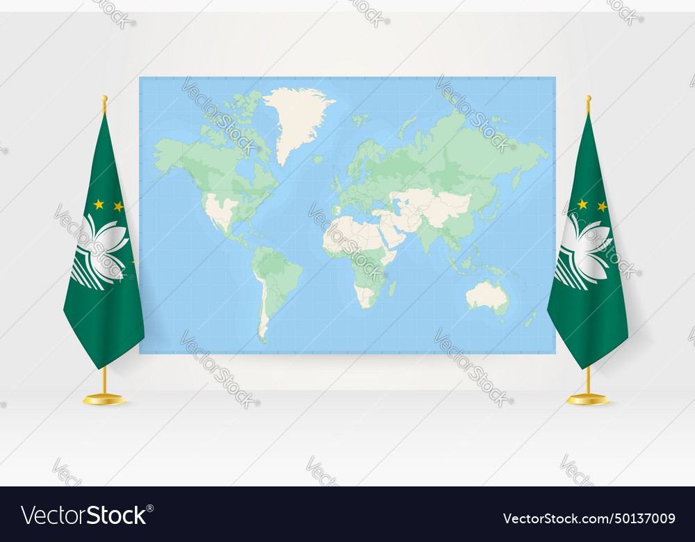 World map between two hanging flags of macau flag
