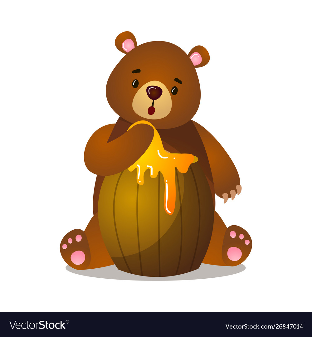 Surprised cartoon brown grizzly bear with barrel