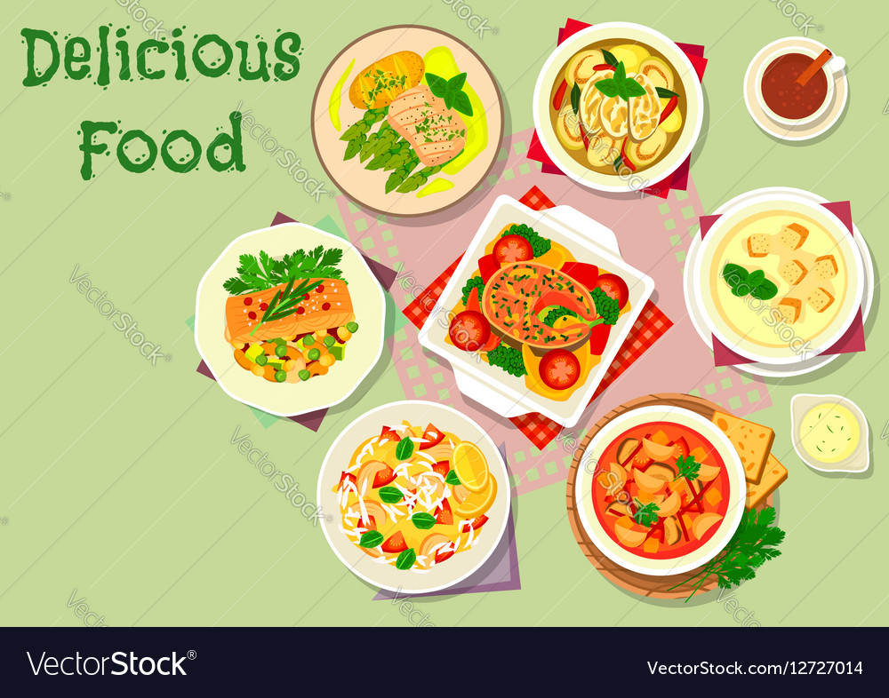 Vegetable and fish dishes icon for menu design Vector Image