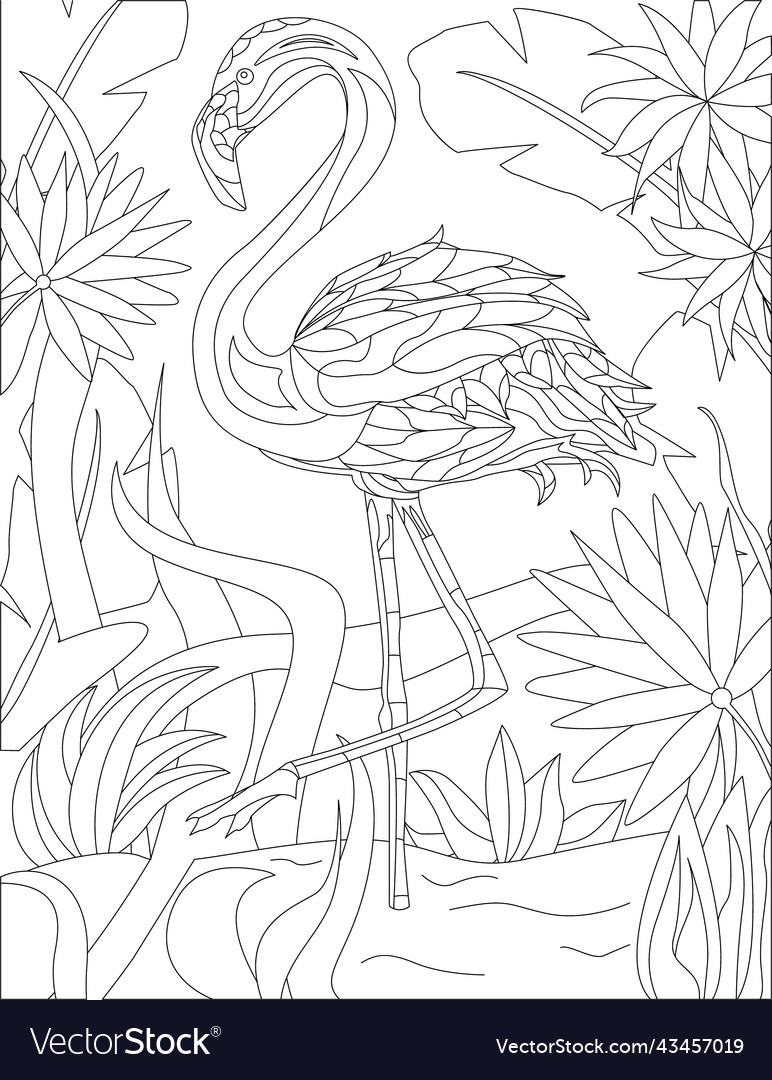 Coloring book page with walking flamingo Vector Image