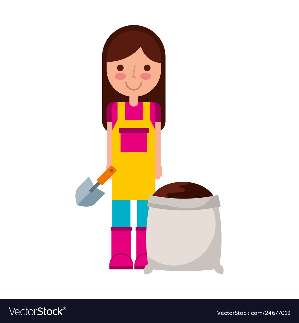 Gardener girl with shovel and earth sack