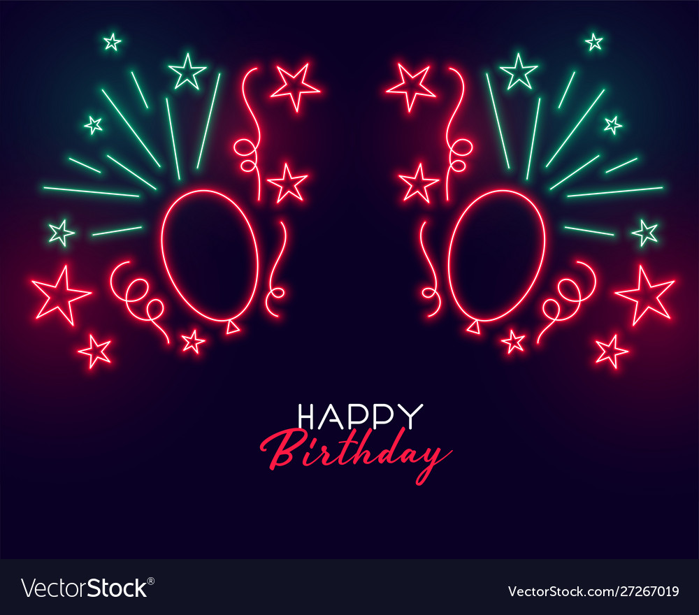 Neon style happy birthday banner with balloons vector image Neon style happy birthday banner with balloons