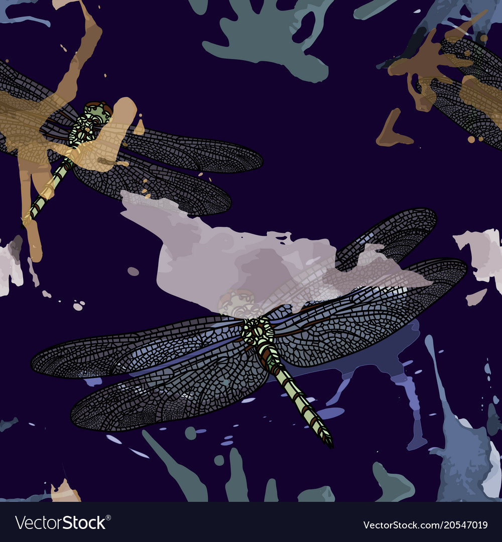 Seamless pattern with dragonfly and blots
