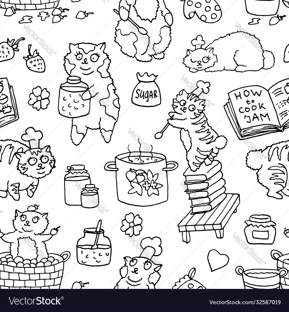Seamless pattern with line art bobtail cat Vector Image Seamless pattern with line art bobtail cat