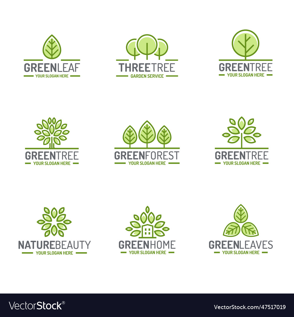 Tree and leaves logo set green color flat style