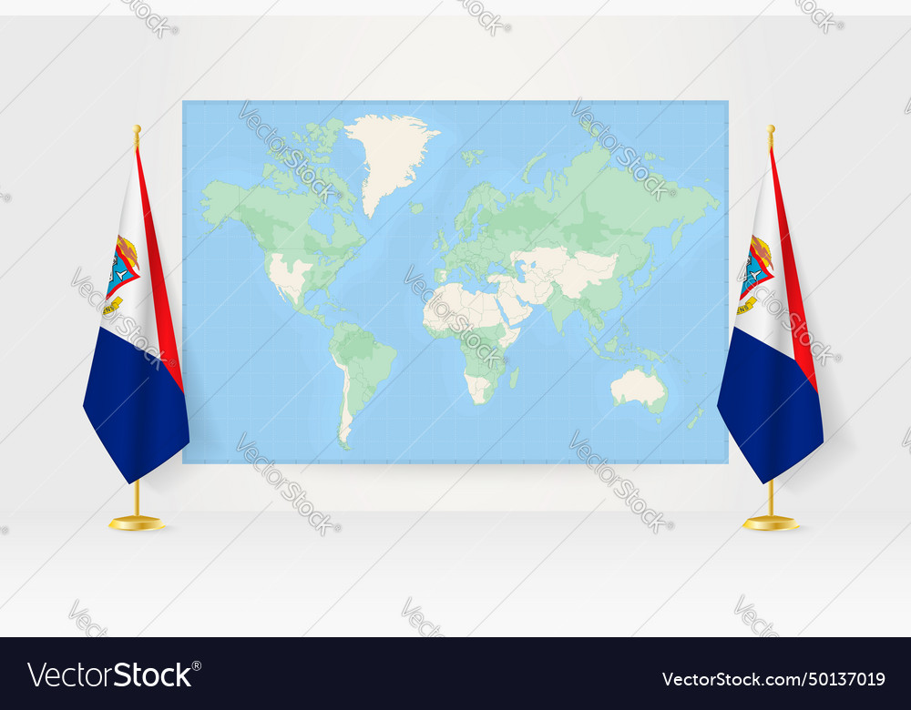 World map between two hanging flags of sint