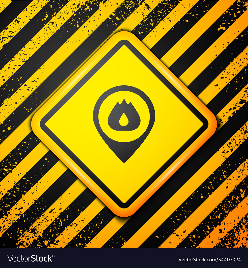 Black map pointer with fire flame icon isolated