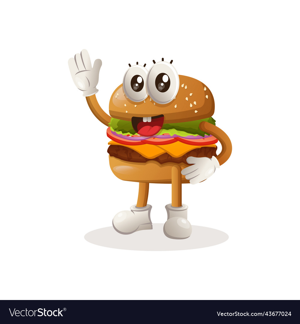 Cute burger mascot design waving hand Royalty Free Vector