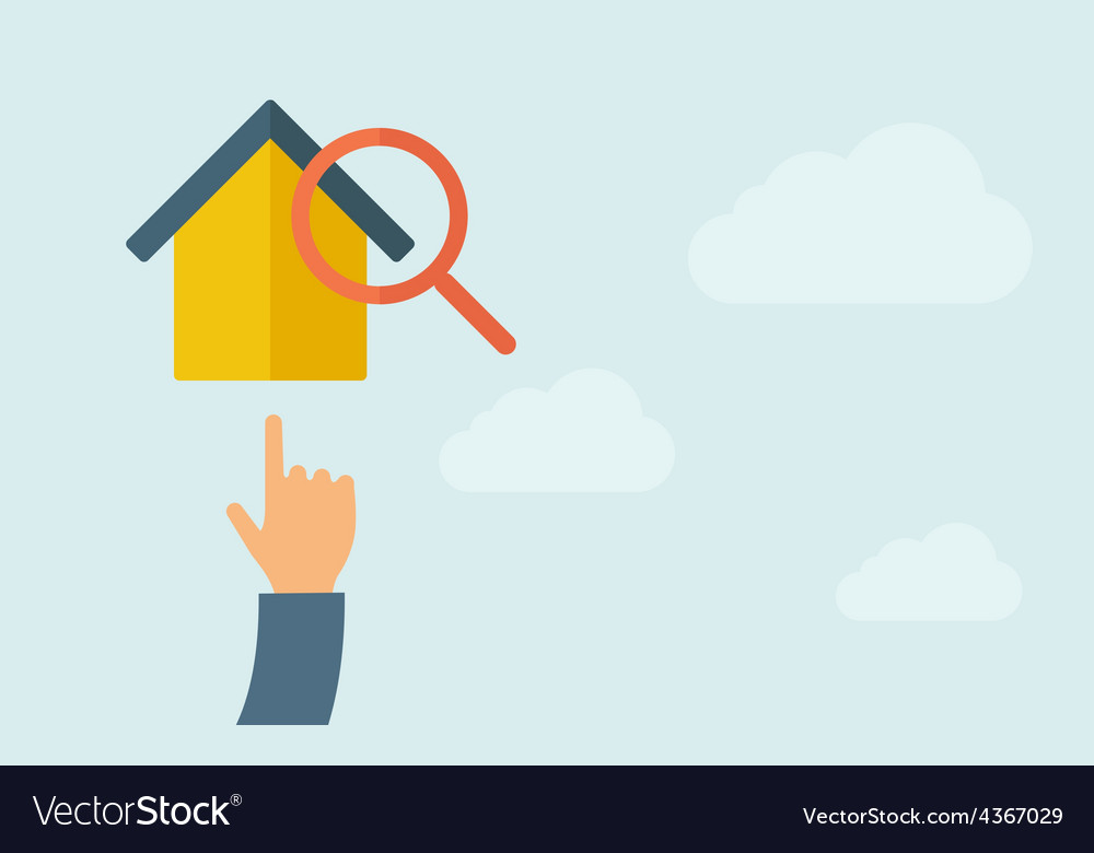 Hand pointing to house with magnifying glass