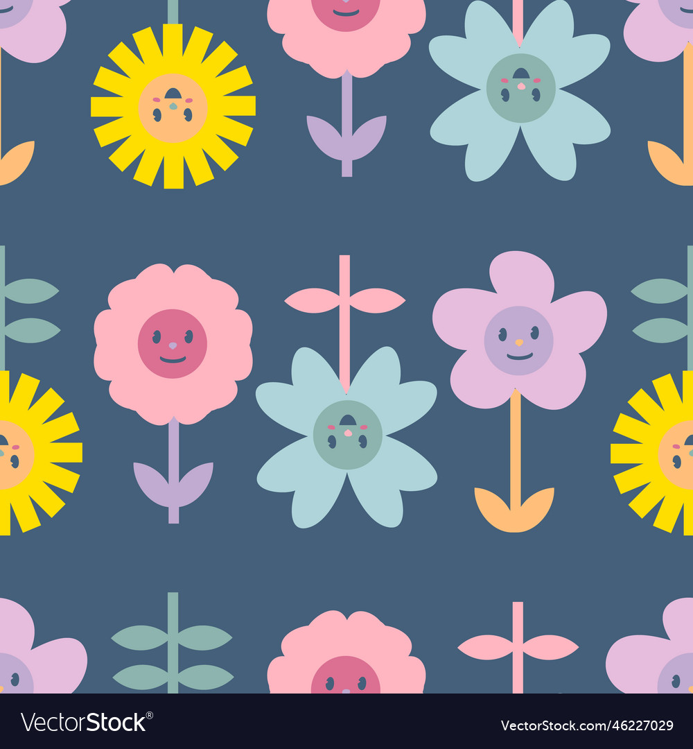 Retro flowers with smiling faces seamless pattern