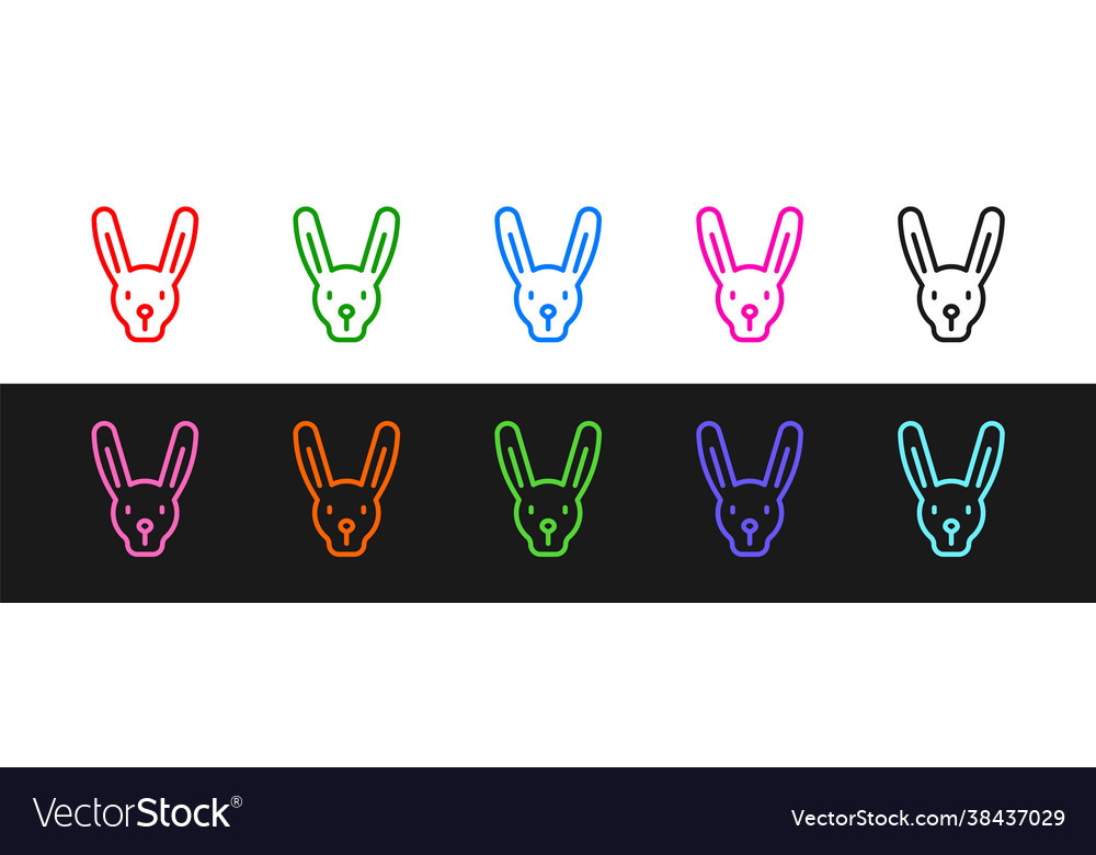 Set line rabbit with ears icon isolated on black