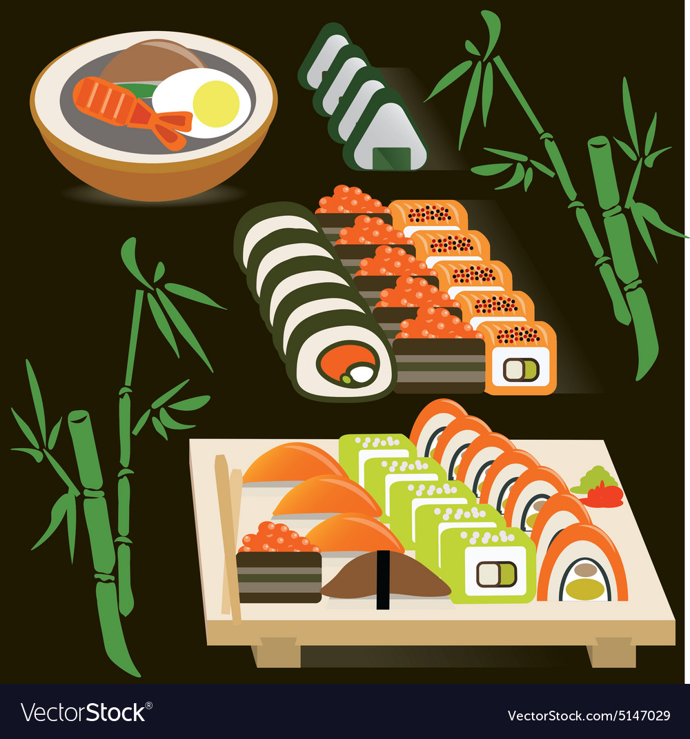 Set of japanese rolls on a board and miso soup