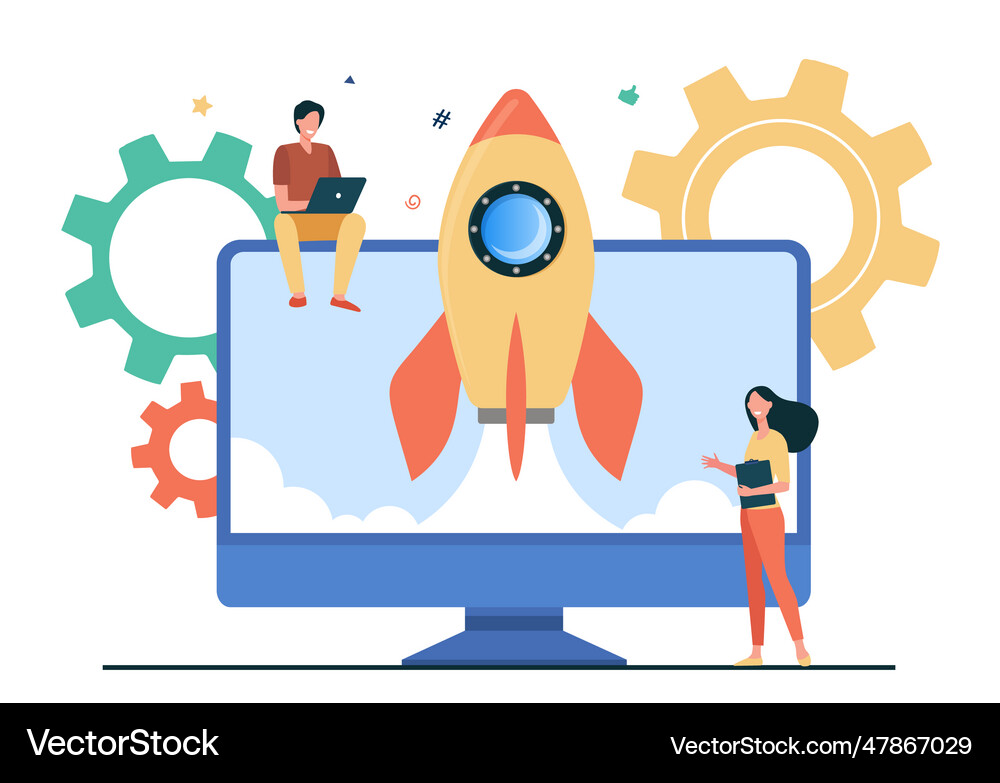 Tiny character launching startup rocket Royalty Free Vector