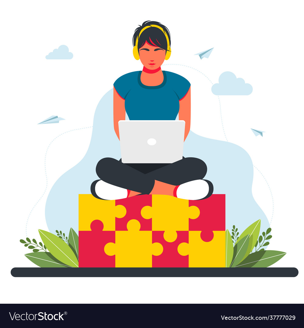 Woman sitting on huge jigsaw puzzle element