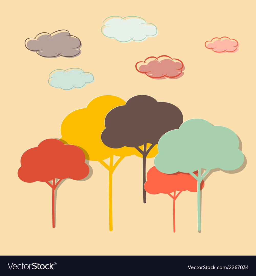Retro paper colorful trees and clouds