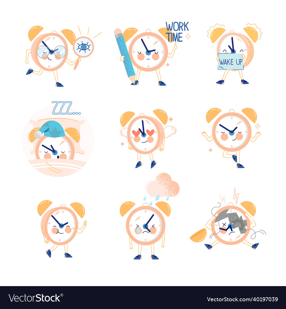 Funny clock character with smiling face sleeping vector image Funny clock character with smiling face sleeping