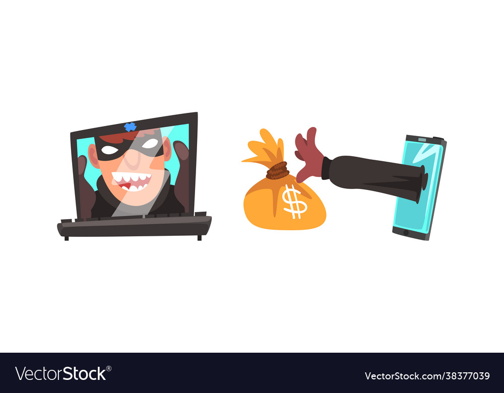 Hacker in mask stealing money using laptop vector image Hacker in mask stealing money using laptop
